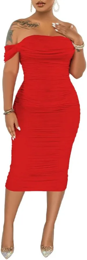 PINSV Women Ruched Off Shoulder Dress Bodycon Party Elegant Midi Dresses