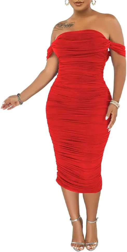 PINSV Women Ruched Off Shoulder Dress Bodycon Party Elegant Midi Dresses