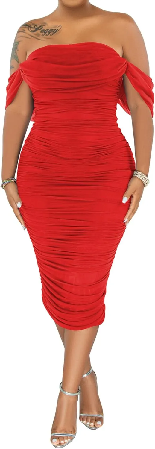 PINSV Women Ruched Off Shoulder Dress Bodycon Party Elegant Midi Dresses