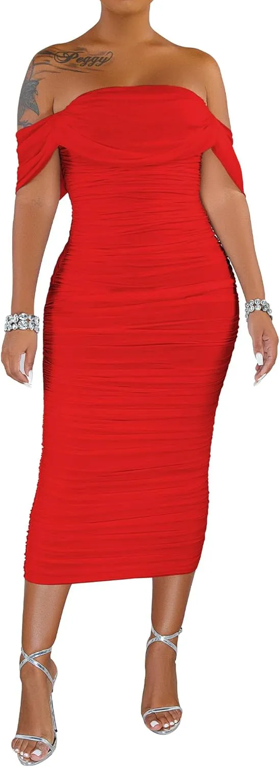 PINSV Women Ruched Off Shoulder Dress Bodycon Party Elegant Midi Dresses