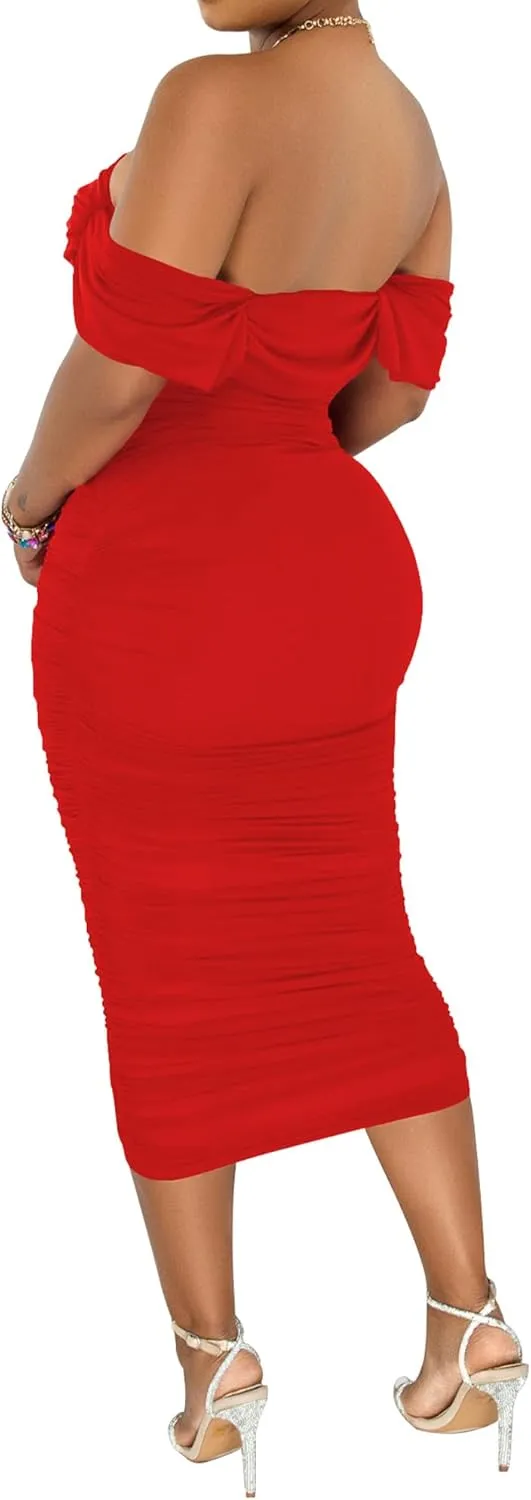 PINSV Women Ruched Off Shoulder Dress Bodycon Party Elegant Midi Dresses