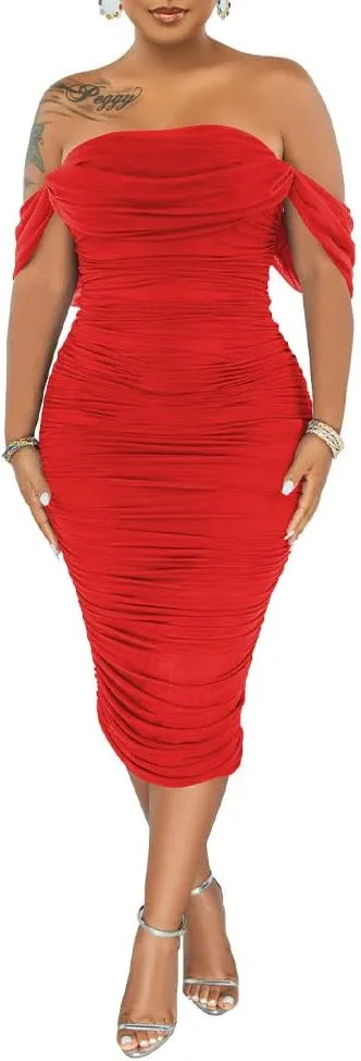 PINSV Women Ruched Off Shoulder Dress Bodycon Party Elegant Midi Dresses