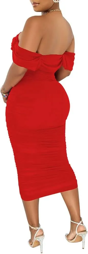 PINSV Women Ruched Off Shoulder Dress Bodycon Party Elegant Midi Dresses