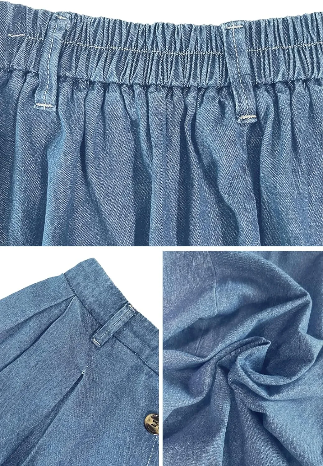 Pleated A-line Midi Skirt Elastic Waist Button Front Casual Flared Long Skirts with Pocket for Women