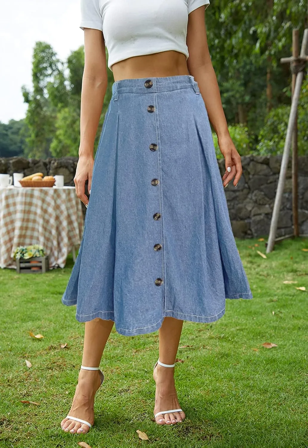 Pleated A-line Midi Skirt Elastic Waist Button Front Casual Flared Long Skirts with Pocket for Women