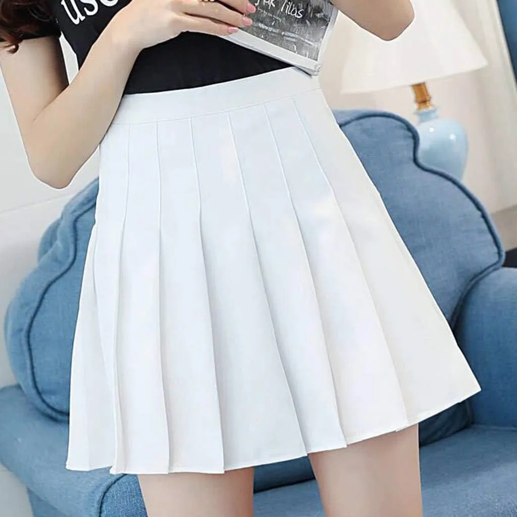 Pleated Mini Skirt Women Teen Girls High Waist School A-Line Skater Tennis Skirt Summer Casual Solid Color Skirt