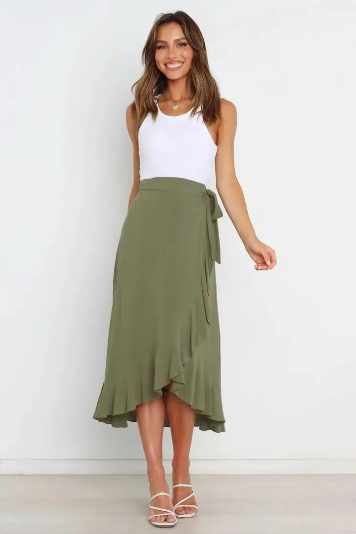 Plustrong Womens Wrap Skirt Tie Waist Ruffle Hem Asymmetrical Flowy Midi Skirts
