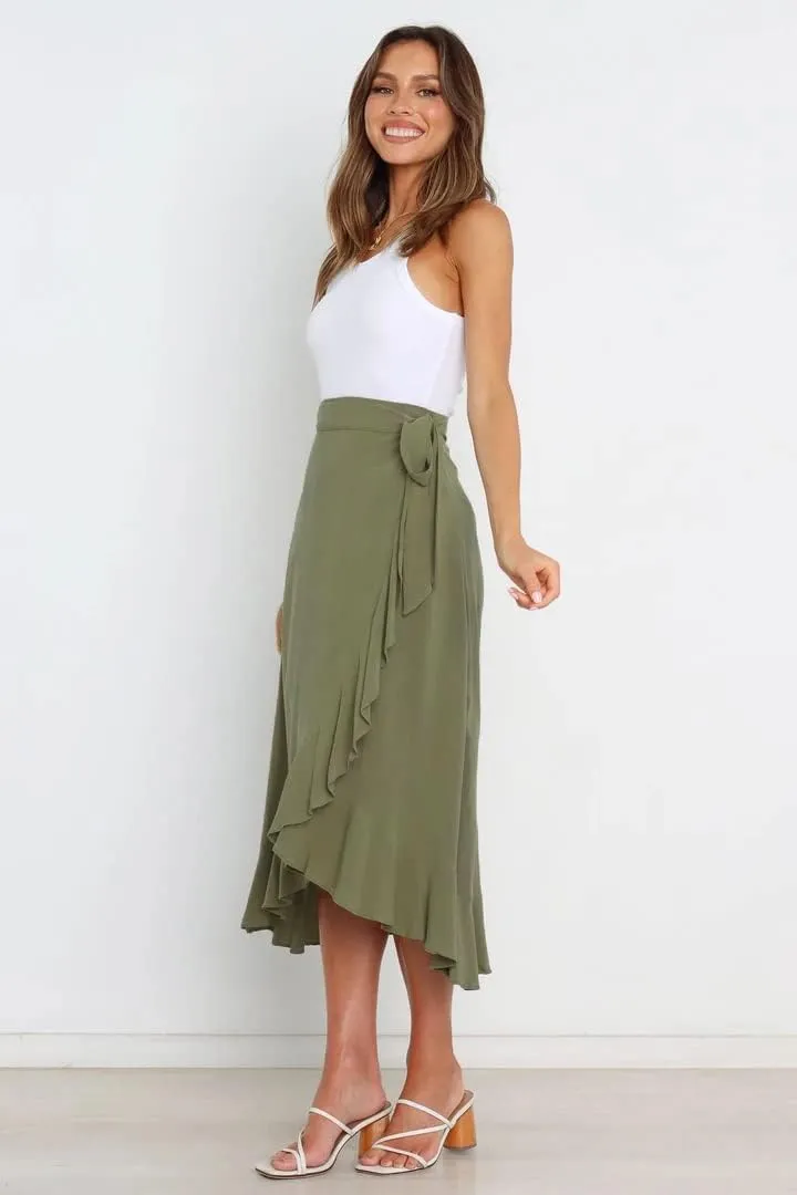 Plustrong Womens Wrap Skirt Tie Waist Ruffle Hem Asymmetrical Flowy Midi Skirts