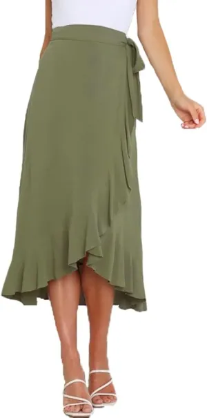 Plustrong Womens Wrap Skirt Tie Waist Ruffle Hem Asymmetrical Flowy Midi Skirts