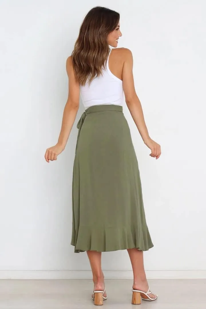Plustrong Womens Wrap Skirt Tie Waist Ruffle Hem Asymmetrical Flowy Midi Skirts