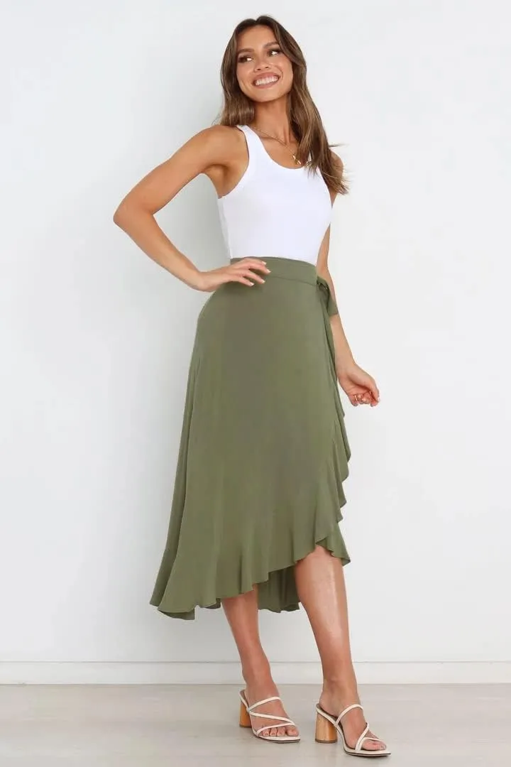 Plustrong Womens Wrap Skirt Tie Waist Ruffle Hem Asymmetrical Flowy Midi Skirts