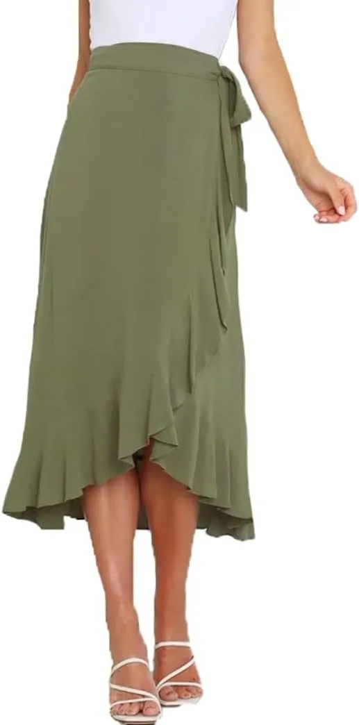 Plustrong Womens Wrap Skirt Tie Waist Ruffle Hem Asymmetrical Flowy Midi Skirts