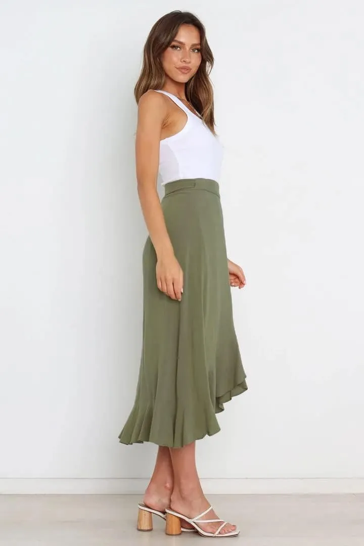 Plustrong Womens Wrap Skirt Tie Waist Ruffle Hem Asymmetrical Flowy Midi Skirts