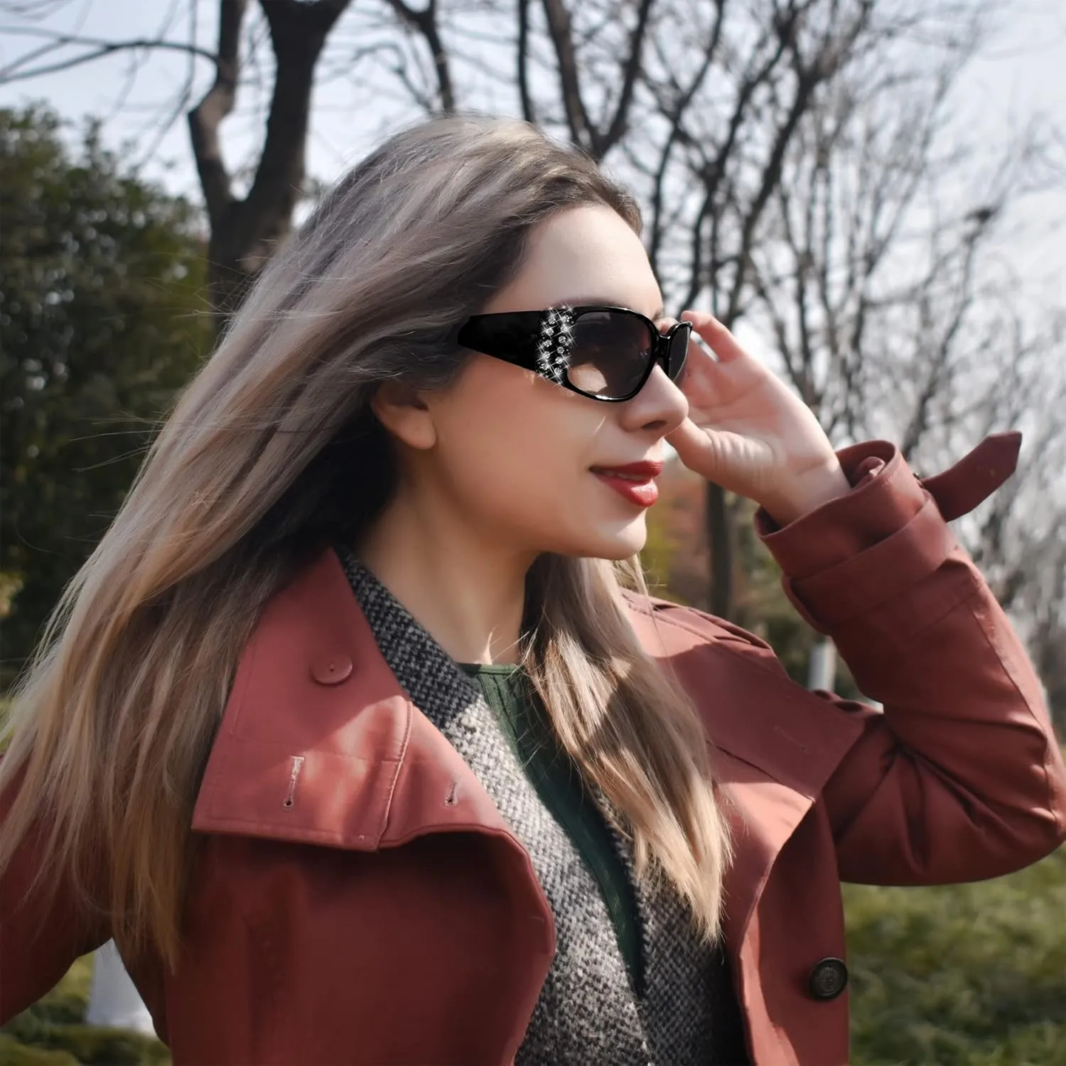 Polarized Sunglasses for Women, Rhinestone Bling Oval Sun Glasses for Driving/Shopping UV Protection Shades