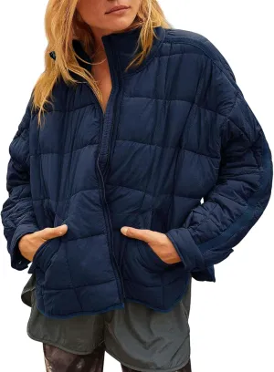 Quilted Jackets for Women Lightweight Puffer Jackets Packable Down Coat Casual Long Sleeve Tops Warm Winter Coat
