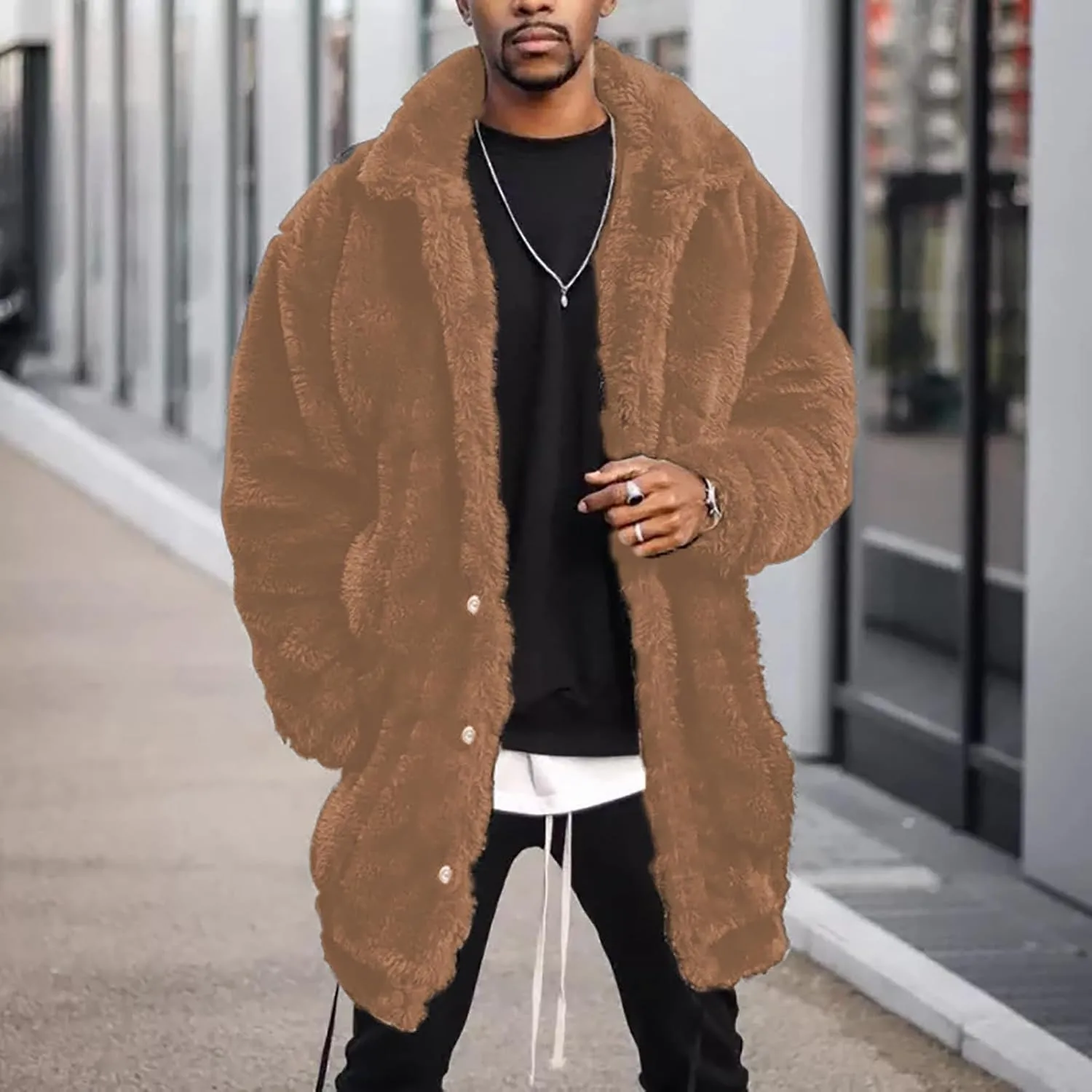 QWENTMTNTY Mens Winter Coats Fuzzy Fleece Warm Thermal Overcoat Thick Faux Shearling Lightweight Cardigan Outerwear Big Tall