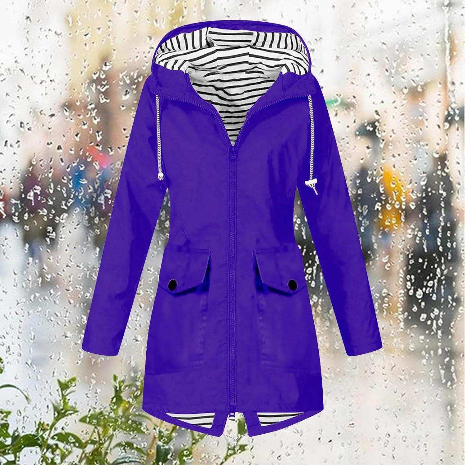 Rain Jacket Women Plus Size Hooded Raincoat Water Resistant Waterproof Jacket Lightweight Outdoor Windbreaker Jacket