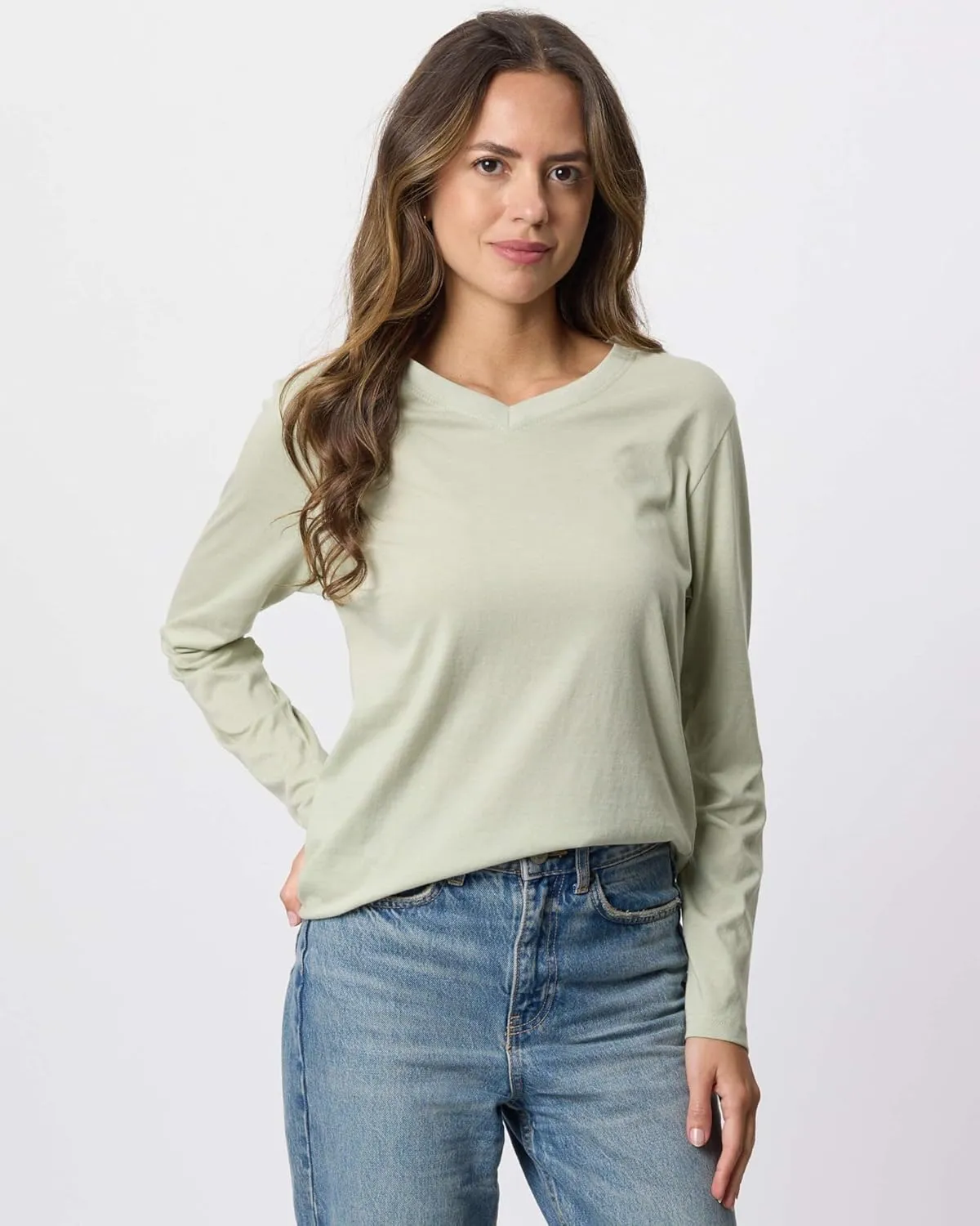 Real Essentials 4 Pack: Women's V-Neck Cotton Long-Sleeve T-Shirt (Available in Plus Size)