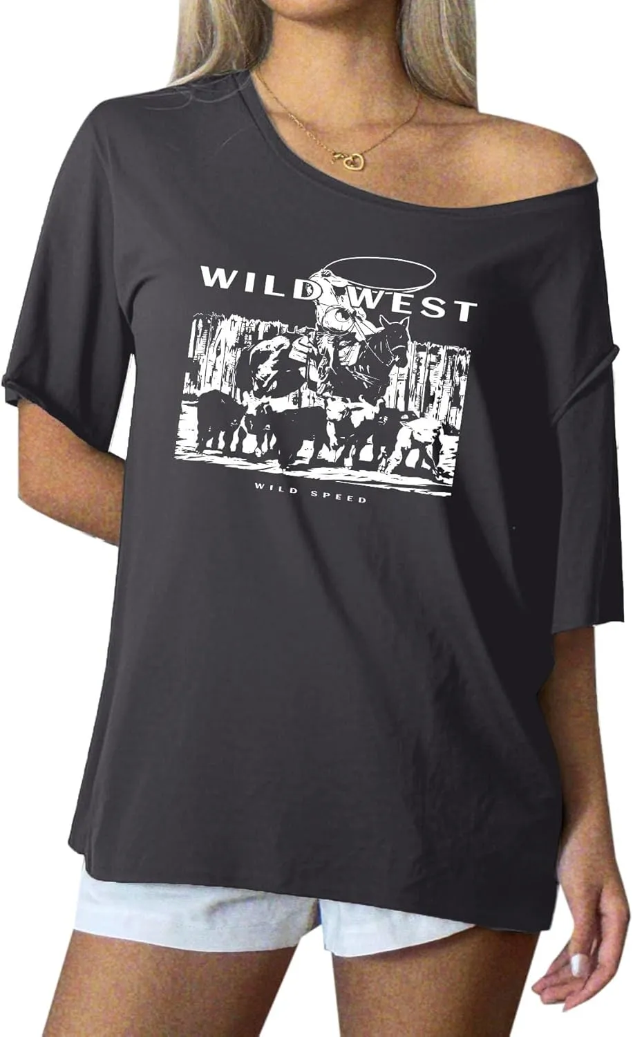 Remidoo Womens Off The Shoulder Top Oversized Tshirts Graphic Tee Short Sleeve Loose Shirt