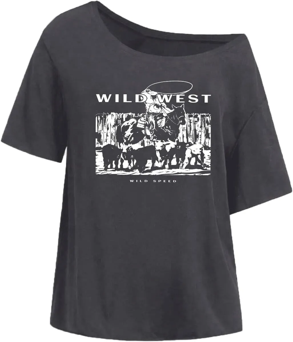 Remidoo Womens Off The Shoulder Top Oversized Tshirts Graphic Tee Short Sleeve Loose Shirt