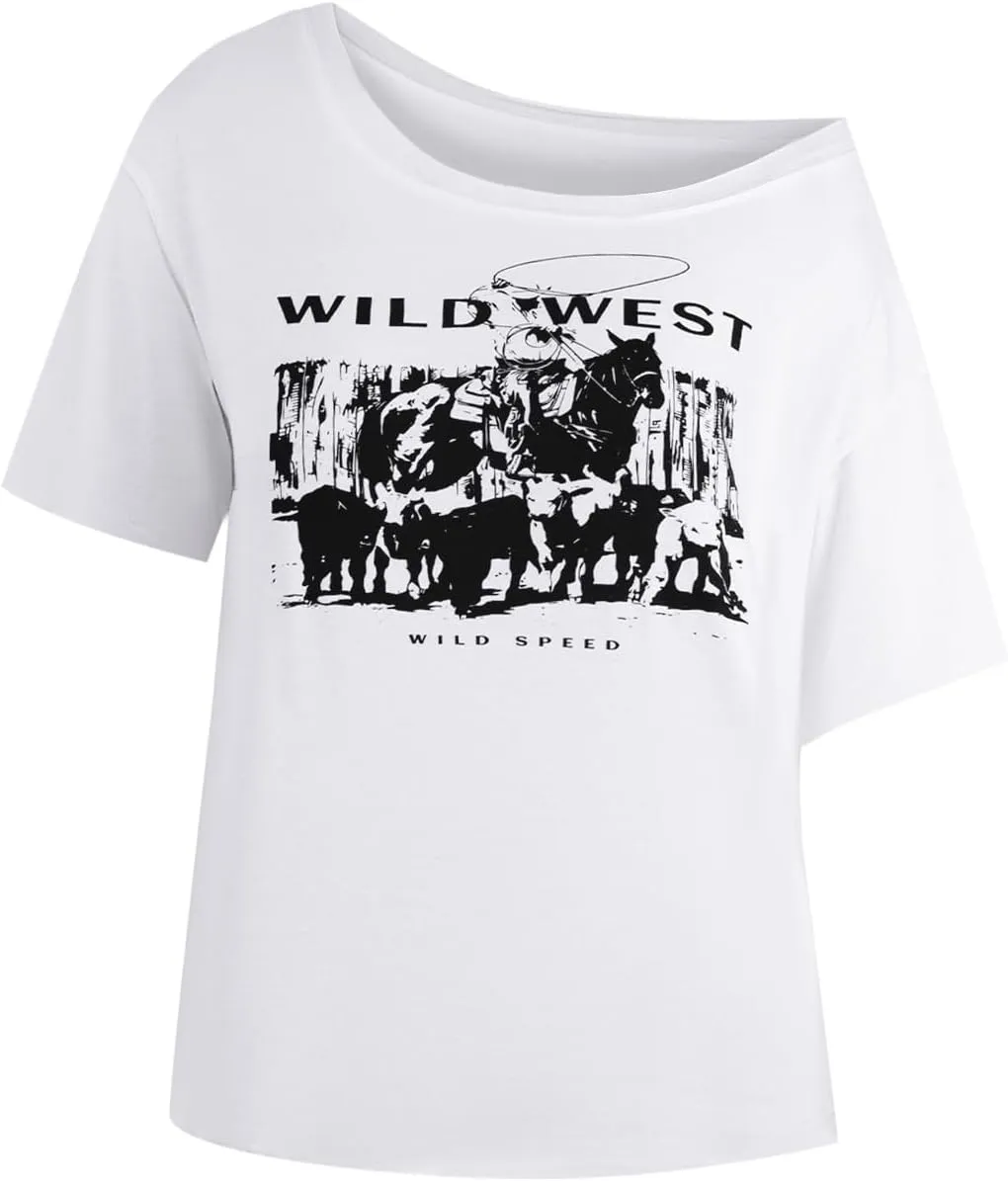 Remidoo Womens Off The Shoulder Top Oversized Tshirts Graphic Tee Short Sleeve Loose Shirt