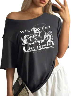 Remidoo Womens Off The Shoulder Top Oversized Tshirts Graphic Tee Short Sleeve Loose Shirt