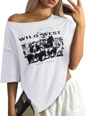 Remidoo Womens Off The Shoulder Top Oversized Tshirts Graphic Tee Short Sleeve Loose Shirt