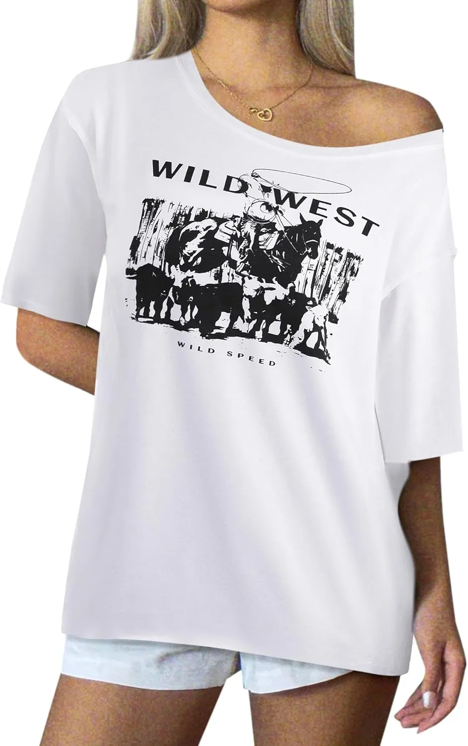 Remidoo Womens Off The Shoulder Top Oversized Tshirts Graphic Tee Short Sleeve Loose Shirt