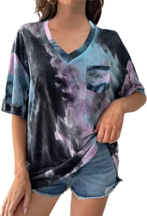 Remidoo Womens Tie Dye V Neck Tee Short Sleeve Shirt Causal Oversized T-Shirt Top