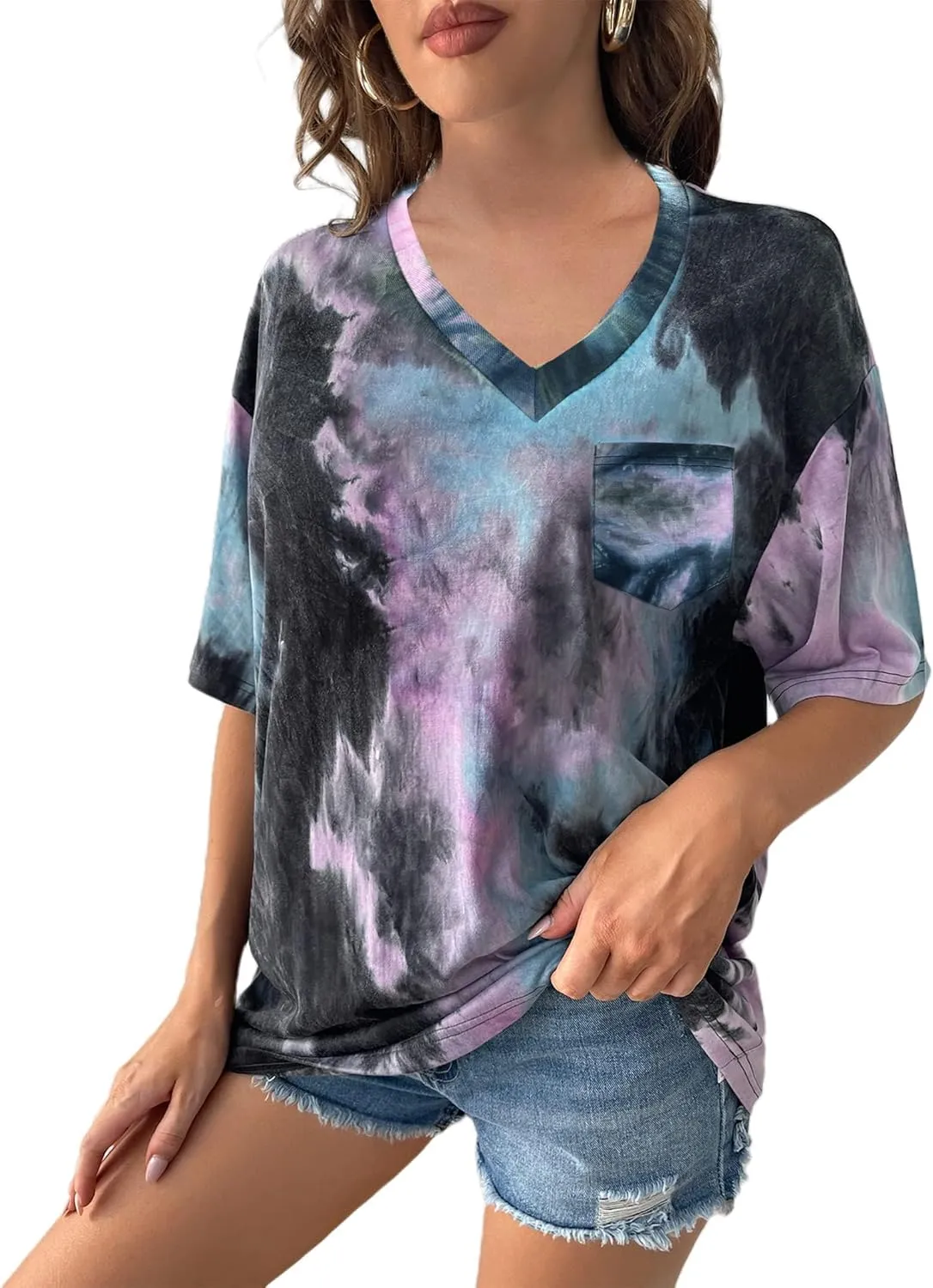 Remidoo Womens Tie Dye V Neck Tee Short Sleeve Shirt Causal Oversized T-Shirt Top