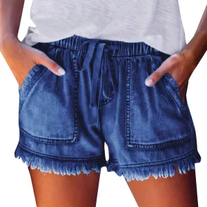 Ripped Distressed Denim Shorts for Women Mid Rise Stretchy Jean Shorts Summer Casual Frayed Raw Rolled Hem Hot Shorts