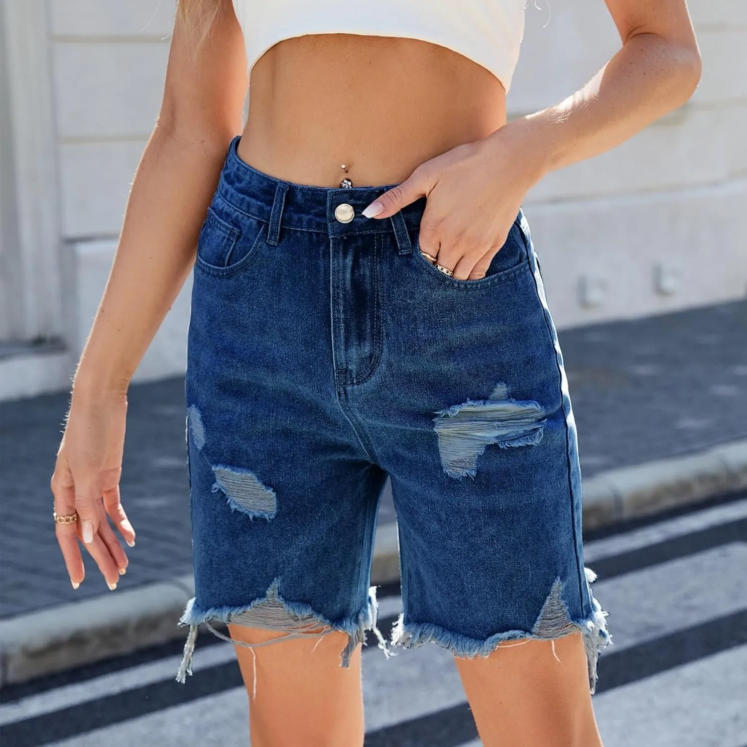 Ripped Jean Bermuda Shorts for Women Knee Length Frayed Raw Hem Denim Shorts High Waisted Stretchy Distressed Jorts