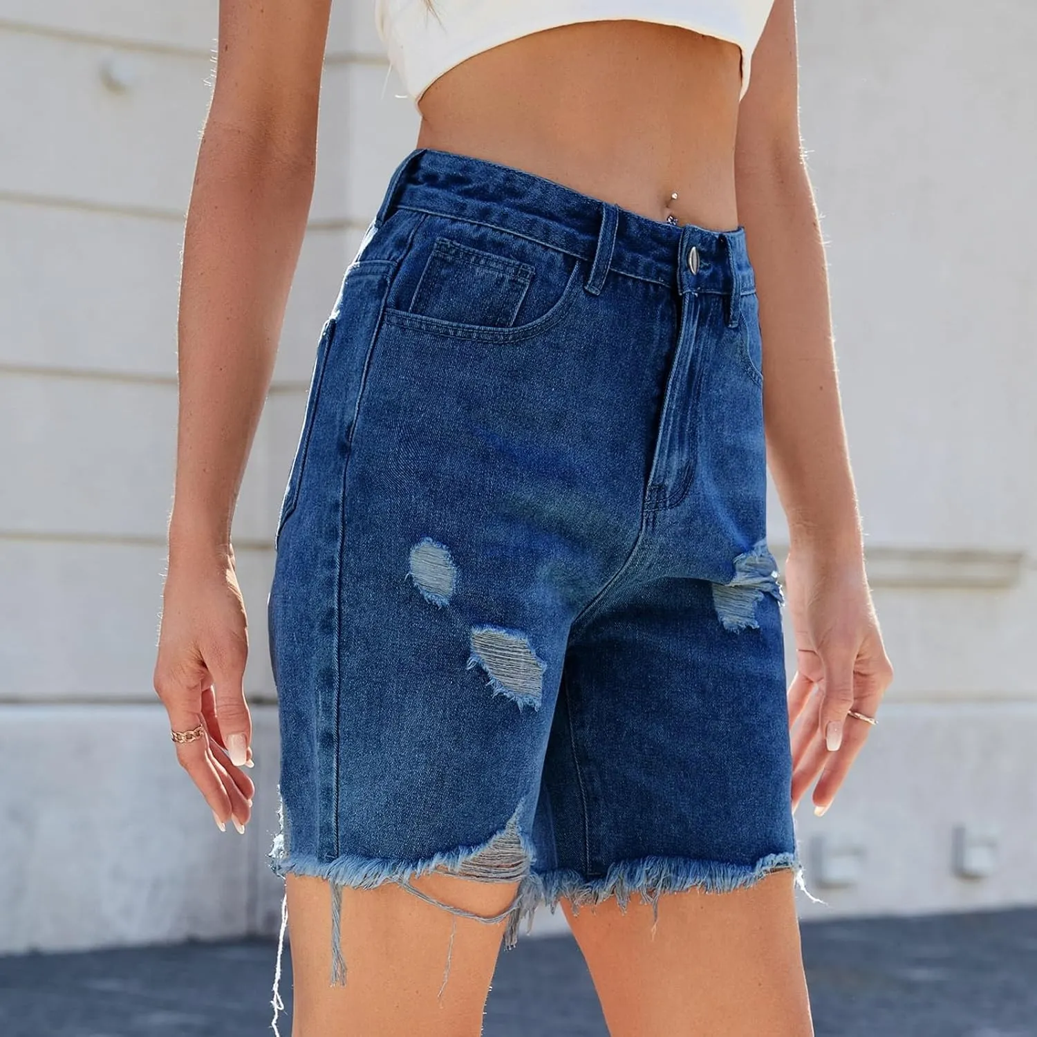 Ripped Jean Bermuda Shorts for Women Knee Length Frayed Raw Hem Denim Shorts High Waisted Stretchy Distressed Jorts