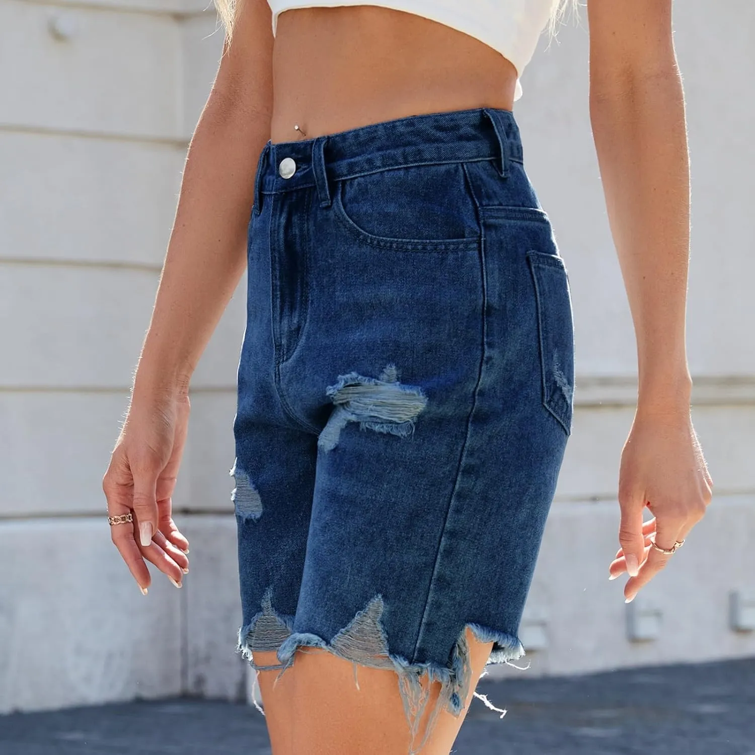 Ripped Jean Bermuda Shorts for Women Knee Length Frayed Raw Hem Denim Shorts High Waisted Stretchy Distressed Jorts