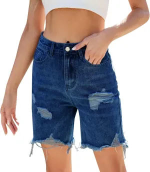 Ripped Jean Bermuda Shorts for Women Knee Length Frayed Raw Hem Denim Shorts High Waisted Stretchy Distressed Jorts