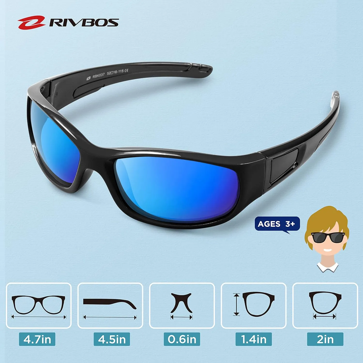 RIVBOS Kids Sunglasses Polarized UV Protection Flexible Rubber Glasses Shades with Strap for Boys Girls RBK037