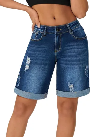 roswear Women’s Wide Leg High Waisted Stretchy Ripped Cuffed Denim Jeans Shorts