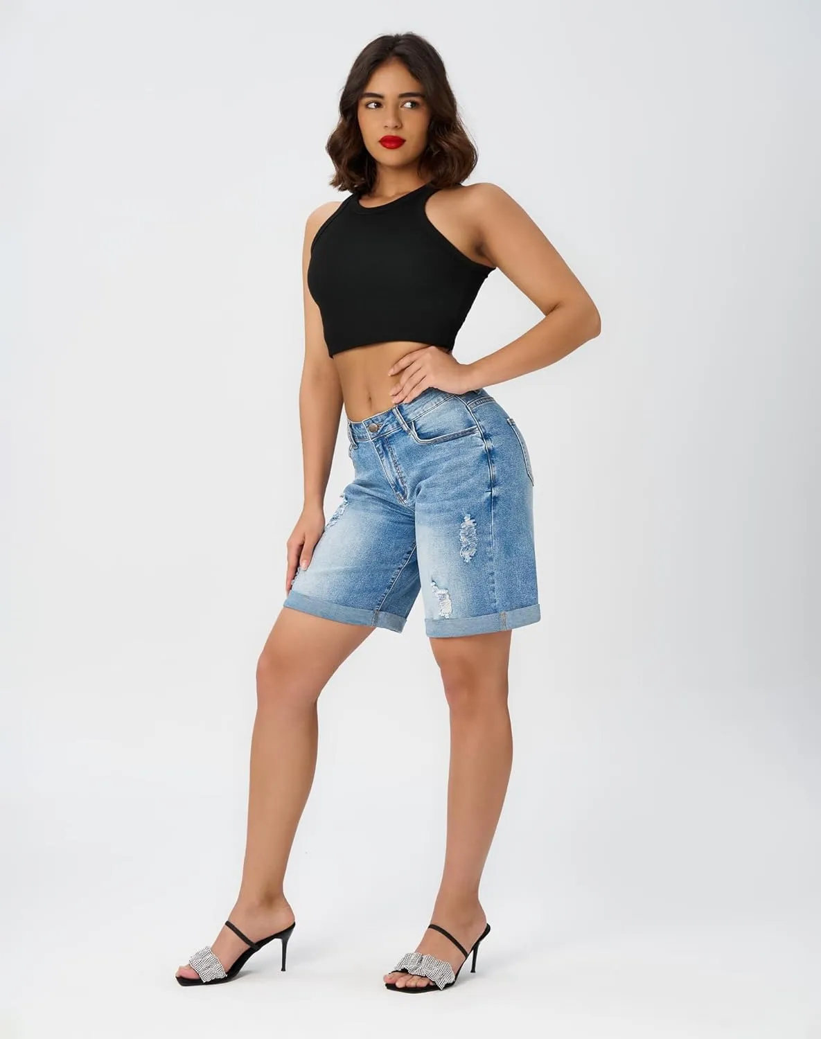 roswear Women’s Wide Leg High Waisted Stretchy Ripped Cuffed Denim Jeans Shorts