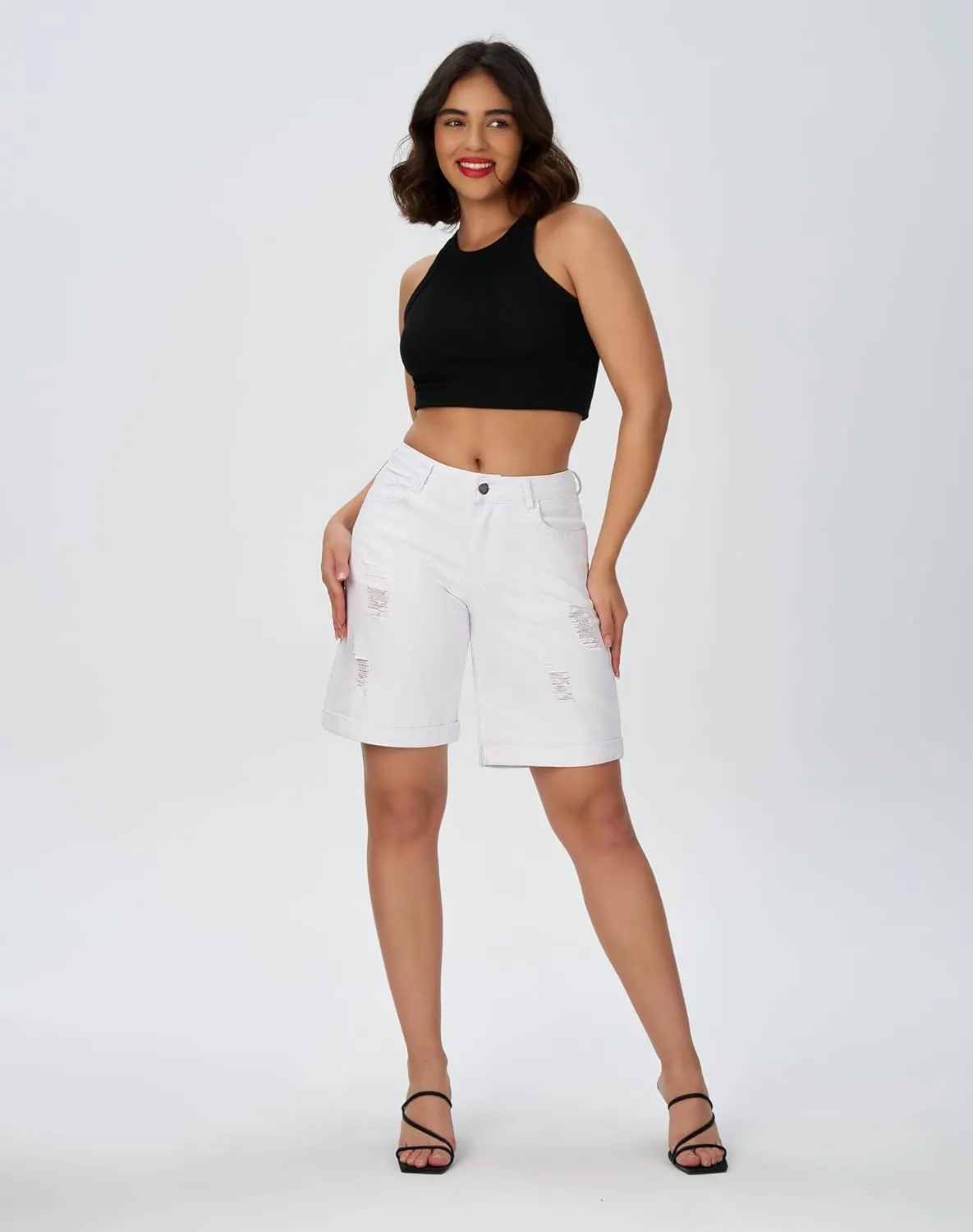 roswear Women’s Wide Leg High Waisted Stretchy Ripped Cuffed Denim Jeans Shorts