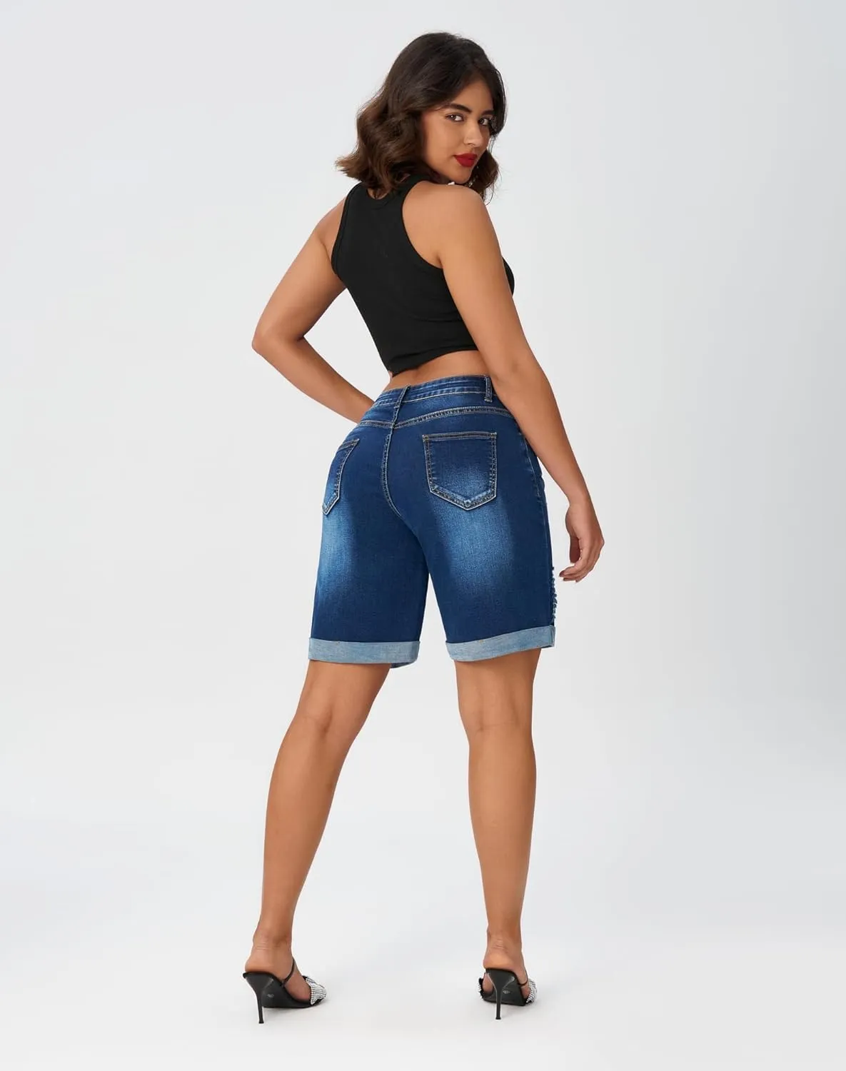 roswear Women’s Wide Leg High Waisted Stretchy Ripped Cuffed Denim Jeans Shorts