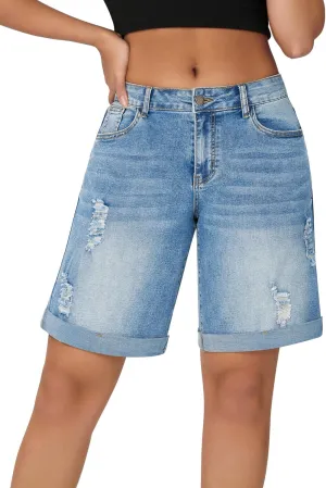roswear Women’s Wide Leg High Waisted Stretchy Ripped Cuffed Denim Jeans Shorts
