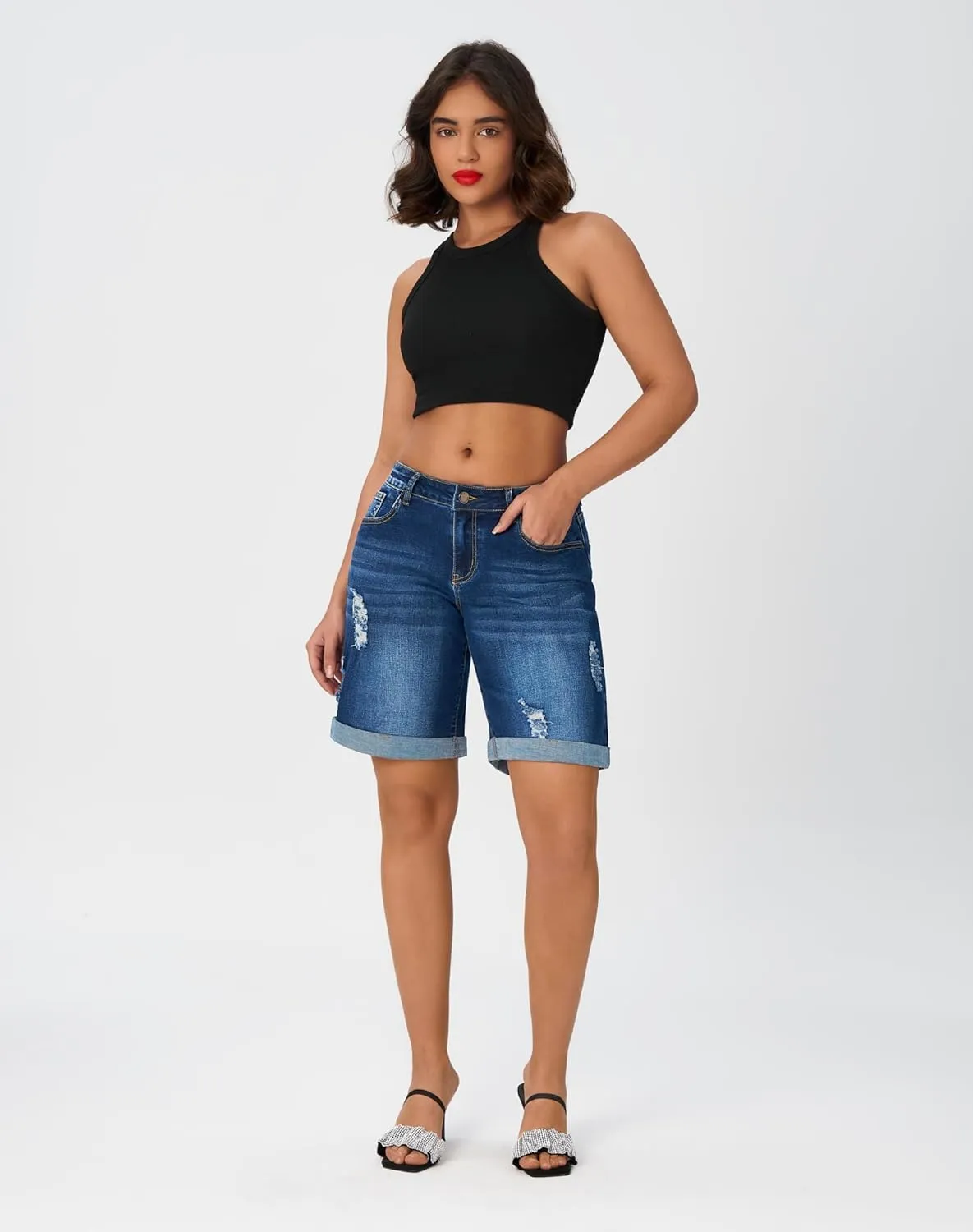 roswear Women’s Wide Leg High Waisted Stretchy Ripped Cuffed Denim Jeans Shorts