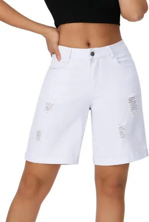 roswear Women’s Wide Leg High Waisted Stretchy Ripped Cuffed Denim Jeans Shorts