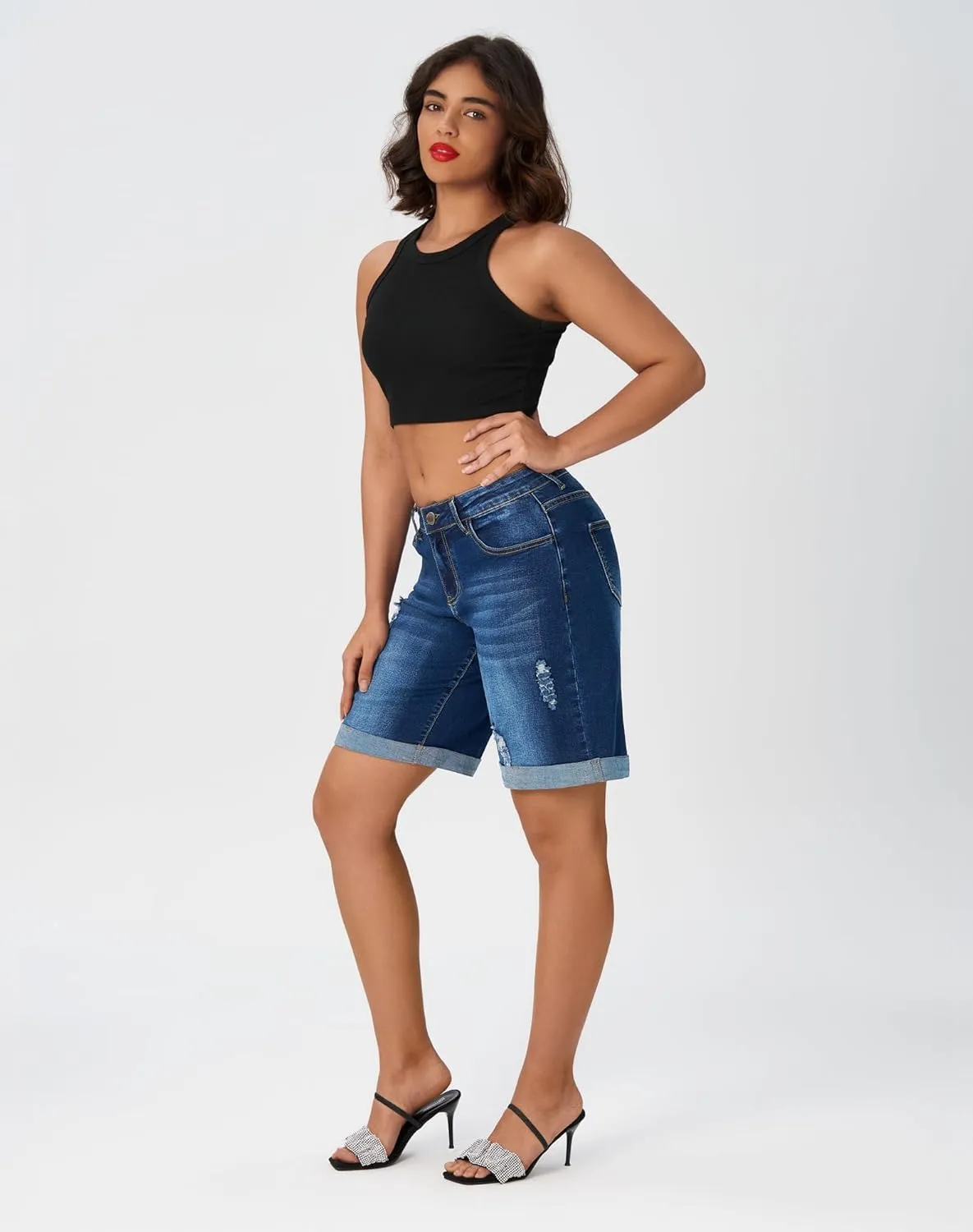 roswear Women’s Wide Leg High Waisted Stretchy Ripped Cuffed Denim Jeans Shorts