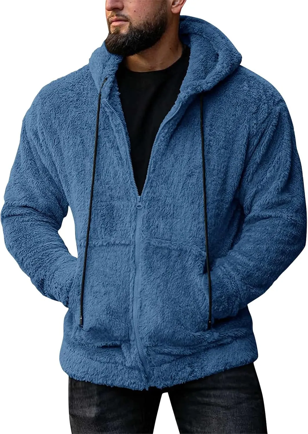 RTRDE Mens Casual Jacket Lightweight Sherpa Jackets Full Zip Warm Fuzzy Windproof Winter Coats Hooded Work Coats, M-3XL