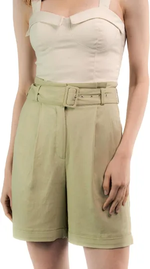 SANDY & SID Womens Shorts 6 Inch Inseam Linen High Rise Adjustable Belt Wide Leg Pockets Summer Casual Work Office