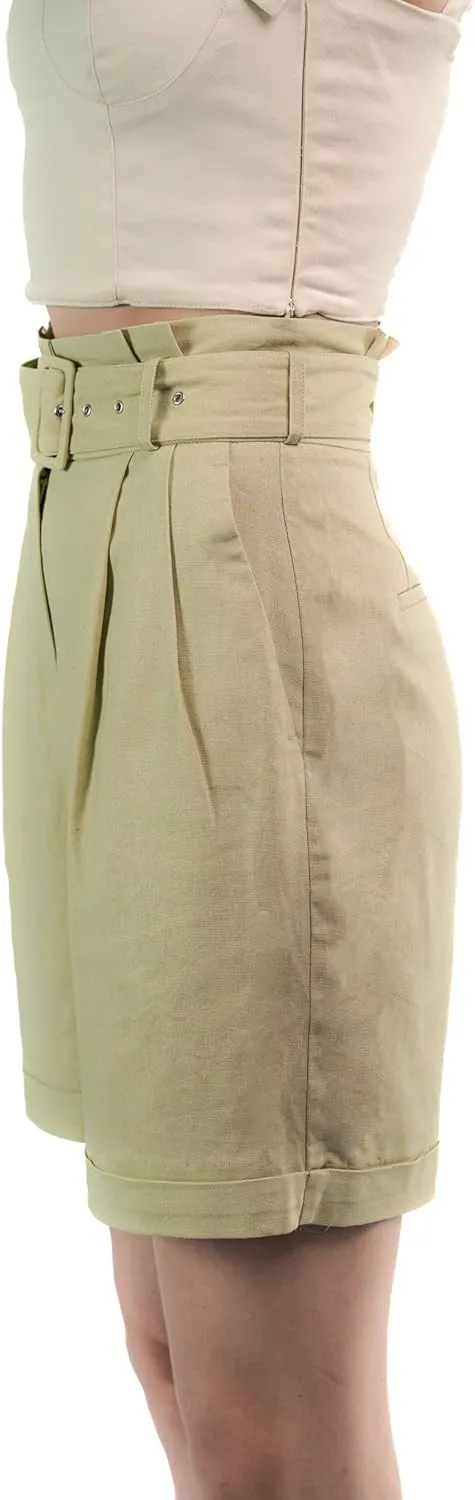 SANDY & SID Womens Shorts 6 Inch Inseam Linen High Rise Adjustable Belt Wide Leg Pockets Summer Casual Work Office