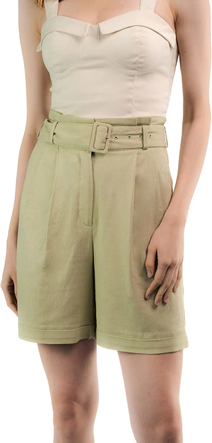 SANDY & SID Womens Shorts 6 Inch Inseam Linen High Rise Adjustable Belt Wide Leg Pockets Summer Casual Work Office