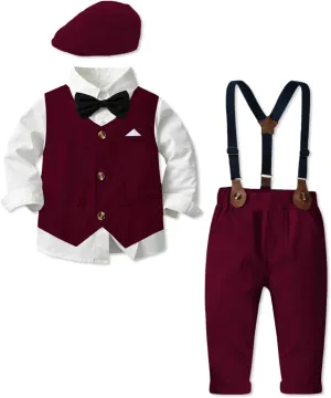 SANGTREE Boys Kids Little Boy Formal Suits Clothes Set, Shirt with Bow Tie Beret Hat Suspender Pants Sets, 3 Months - 9 Years