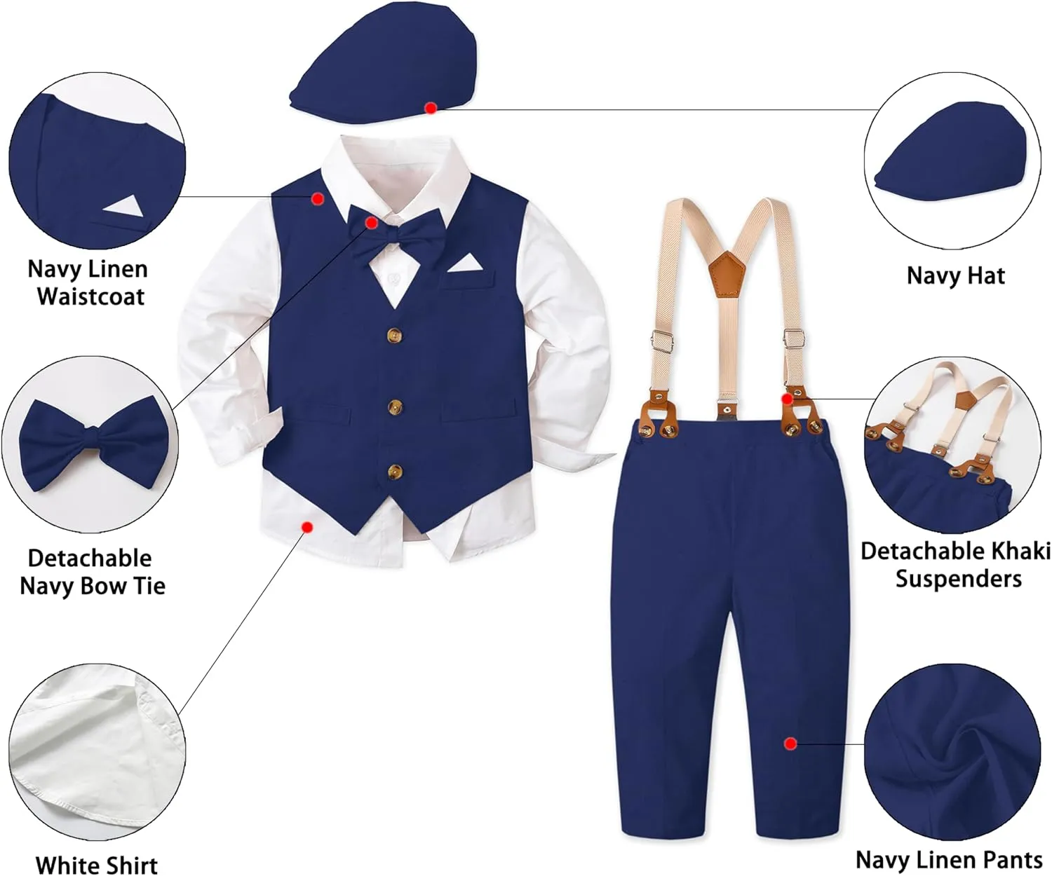 SANGTREE Boys Kids Little Boy Formal Suits Clothes Set, Shirt with Bow Tie Beret Hat Suspender Pants Sets, 3 Months - 9 Years